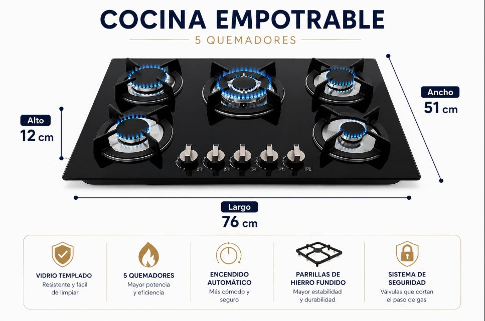 Parrilla Empotrable 5Q Vidrio Templado